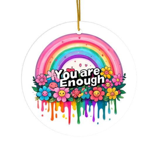 "You Are Enough" Rainbow and Flowers Inspirational Ceramic Ornaments