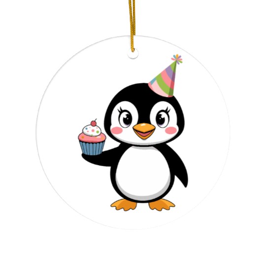 Birthday Joyful Penguin With Cupcake Ceramic Ornaments