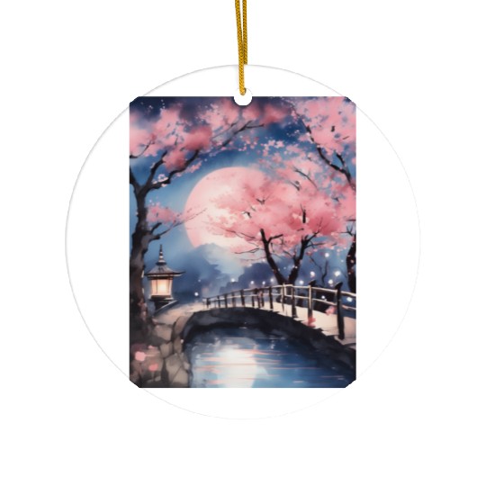 Watercolor cherry blossom festival full moon Ceramic Ornaments