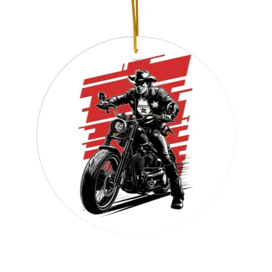 Sheriff Riding Motorcycle Illustration Ceramic Ornaments