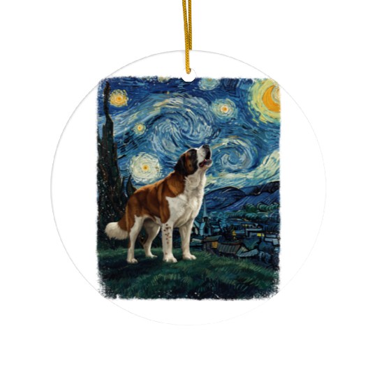 Saint Bernard Howling At Moon Starry Night Van Gog Ceramic Ornaments