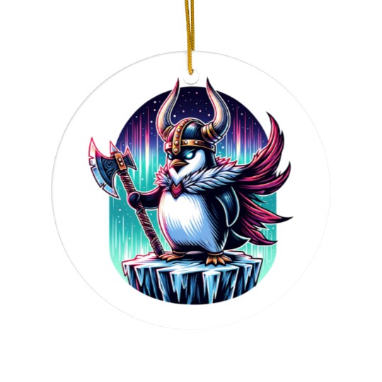 Viking Penguin Warrior Under Northern Lights Ceramic Ornaments