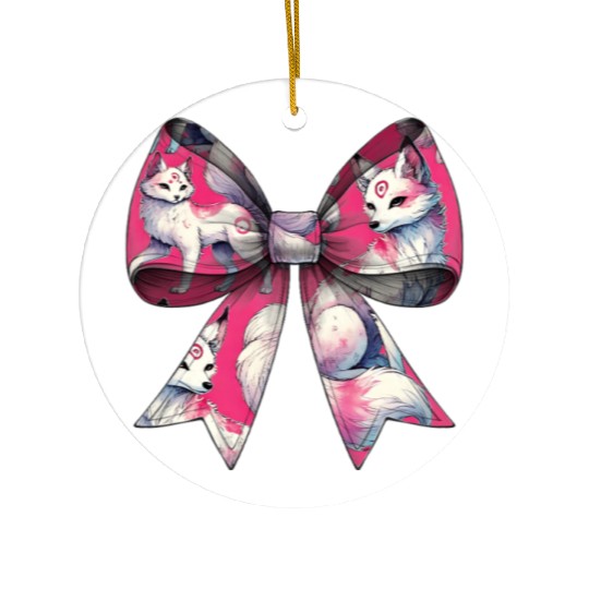 Coquette Bow Kitsune Fox Mask Pattern Pink Ribbon Ceramic Ornaments