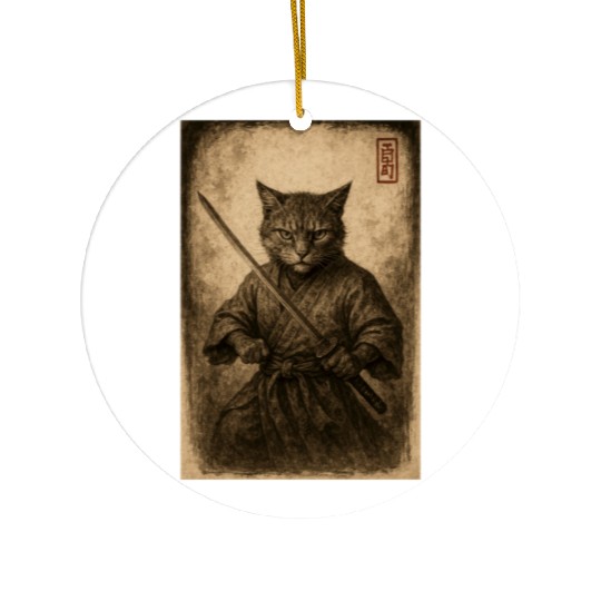 Samurai Cat in Vintage Style Ceramic Ornaments
