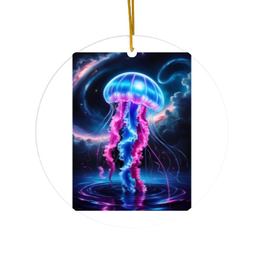A mesmerizing neon jellyfish gracefully floating Ceramic Ornaments