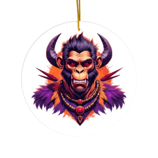 Tribal Monkey Warrior Mascot Illustration on White Ceramic Ornaments