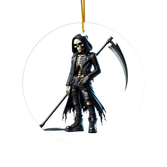 Dark Skeleton Warrior with Scythe and Hooded Jacke Ceramic Ornaments