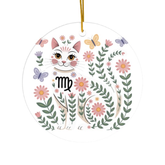Virgo Zodiac Cat with Daisies Ceramic Ornaments