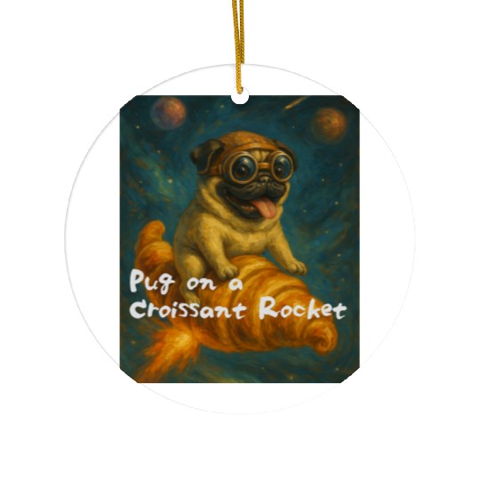 Pug on a Croissant Rocket Ceramic Ornaments