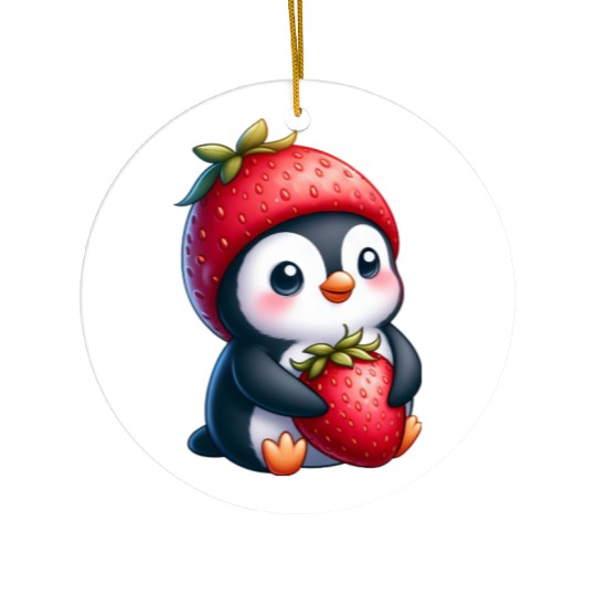 Cute penguin with strawberry cartoon summer fun Ceramic Ornaments
