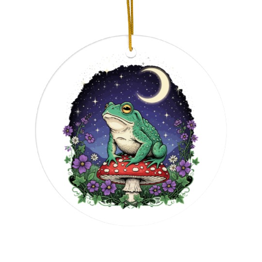 Green Frog on Red Mushroom - Starry Night Ceramic Ornaments