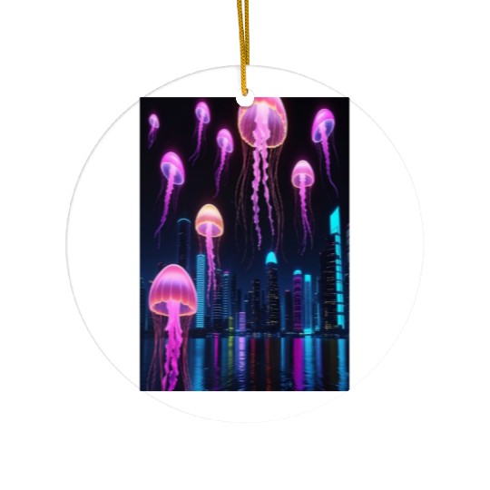 Neon Jellyfish Over Cyber City Ceramic Ornaments