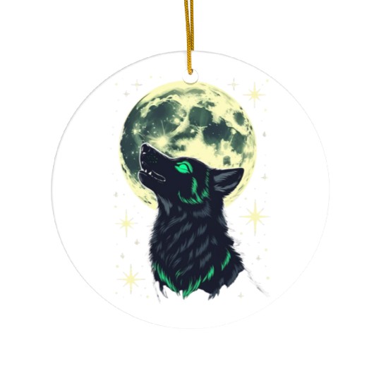 Celestial Howl – Mystical Wolf Under Moonlight Ceramic Ornaments