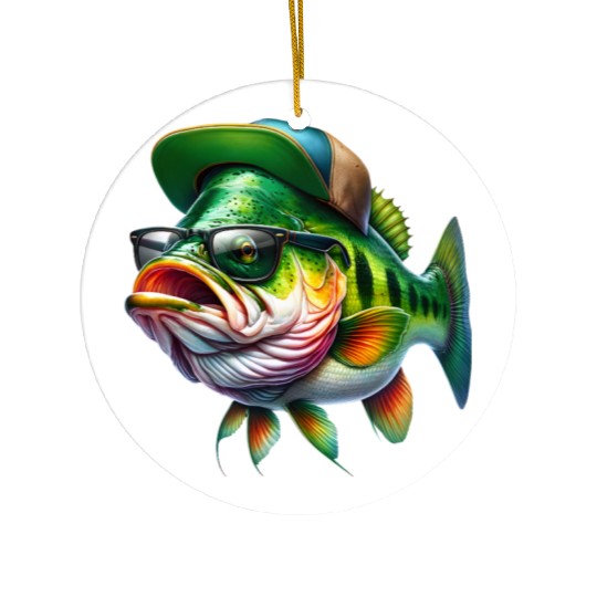 Cool Bass Fish with Green Hat and Glasses Ceramic Ornaments