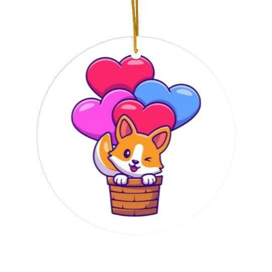 Whimsical Corgi with Heart Balloons Ceramic Ornaments
