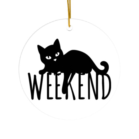 Black Cat Silhouette with Weekend Text Ceramic Ornaments