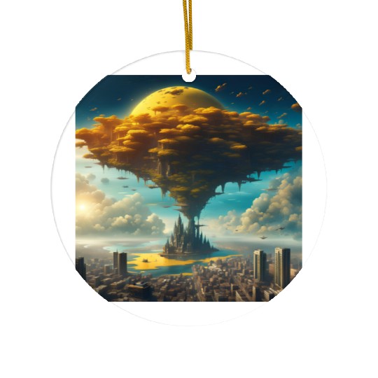 Sci-Fi Alien City: Floating Planet Twilight Scene Ceramic Ornaments