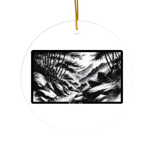 Serene Mountain Forest Ink Illustration Ceramic Ornaments