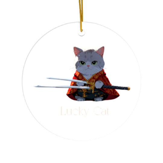 Mythic Warrior Cat with Swords Ceramic Ornaments