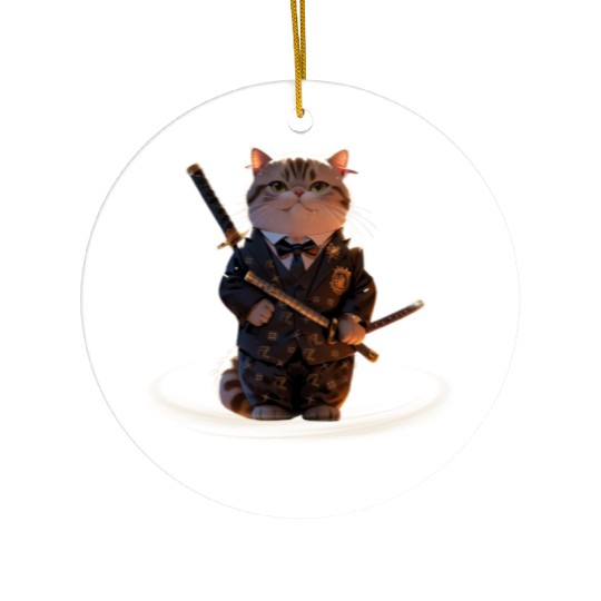Samurai Cat in Formal Kimono Ceramic Ornaments