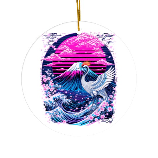 Neon Sakura Crane & Mount Fuji Scene Ceramic Ornaments