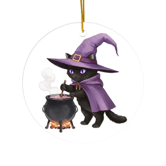 Enchanted Black Cat Witch Illustration Ceramic Ornaments