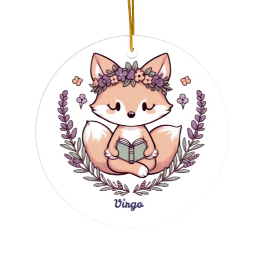 Cute Fox Virgo Reading with Floral Crown Ceramic Ornaments