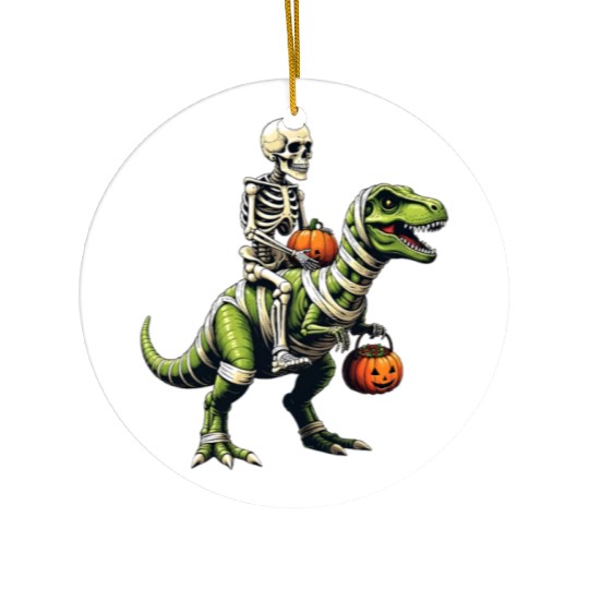 Skeleton Riding Mummy Dinosaur Funny Halloween Ceramic Ornaments