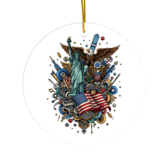 Patriotic US Icon Collage Print Ceramic Ornaments