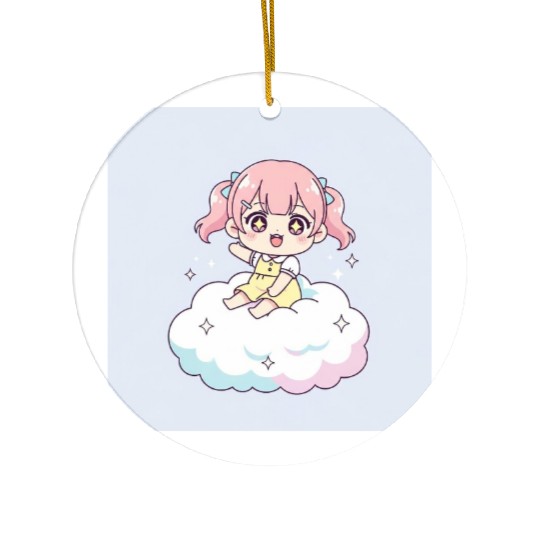 Cute Chibi Girl on Cloud Illustration Ceramic Ornaments