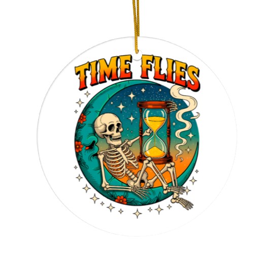 Time Flies Skeleton with Hourglass Ceramic Ornaments