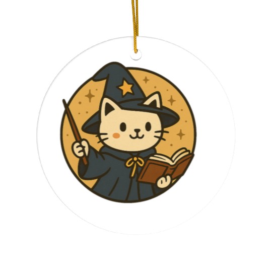 Whimsical Cat Wizard in Starry Night Ceramic Ornaments