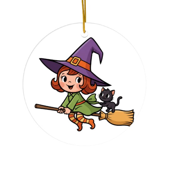 Magical Witch and Cat Illustration Ceramic Ornaments