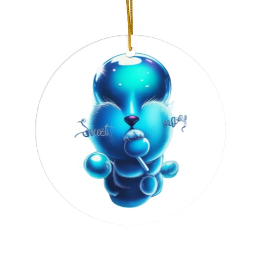 Whimsical Blue Bear with Lollipop Ceramic Ornaments