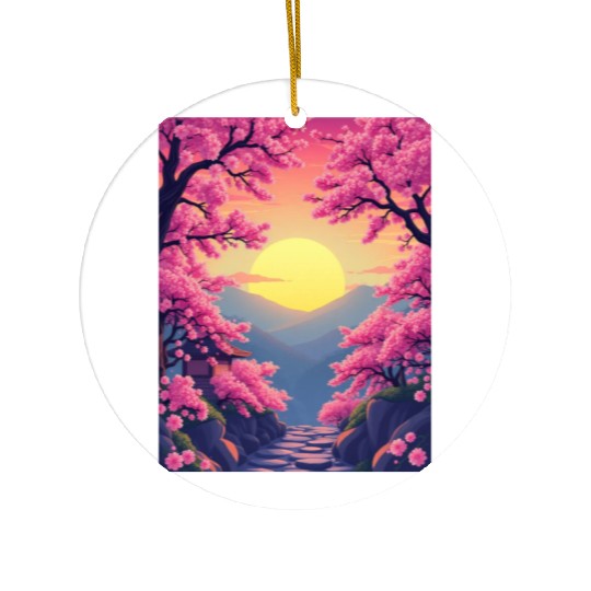Cherry Blossom Sunset Path Ceramic Ornaments