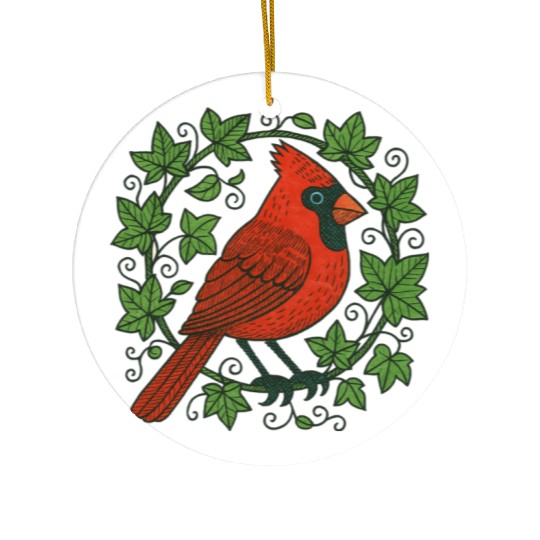 Vibrant Cardinal Amidst Ivy Leaves Ceramic Ornaments