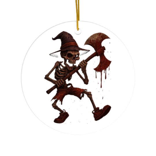Haunted Skeleton Witch on Battle Axe Ceramic Ornaments