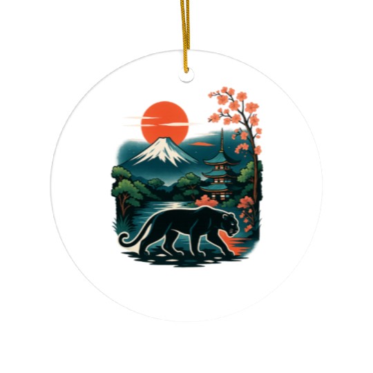 Serene Japanese Landscape with Mount Fuji Ceramic Ornaments