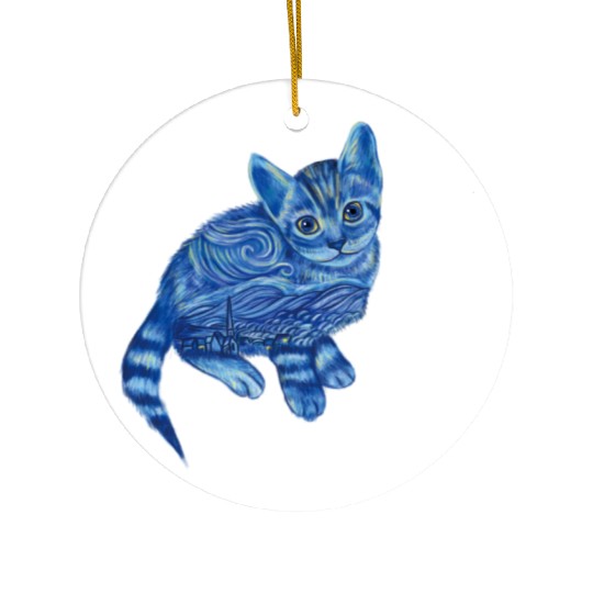 Blue Van Gogh Starry Night Bengal Cat Illustration Ceramic Ornaments