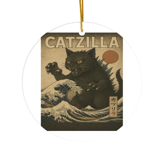Ukiyo-e Catzilla Retro Japanese Monster Cat Ceramic Ornaments