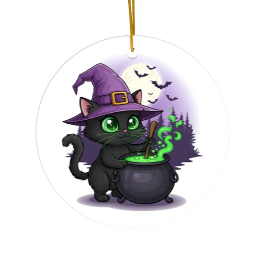 Enchanting Witch Cat Under Full Moon Ceramic Ornaments