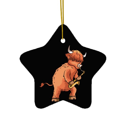 Highland Cow Cattle Playing Saxophone Music Gift Ceramic Ornaments
