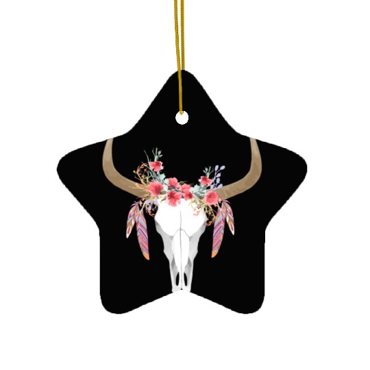 Floral Cow Skull With Feathers Bull Skull Ceramic Ornaments