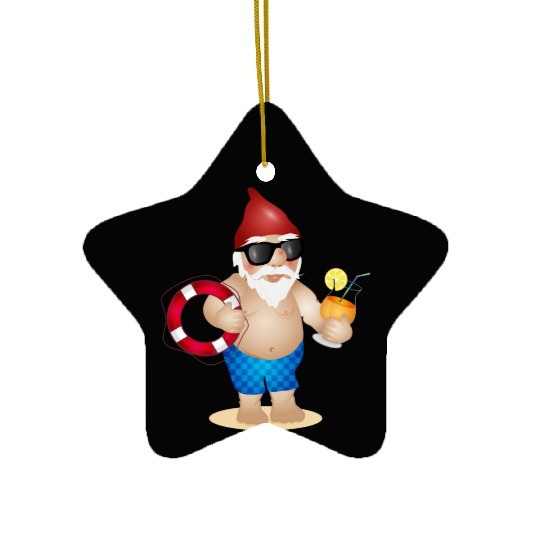 Garden gnome with swimming trunks and lifebuoy Ceramic Ornaments