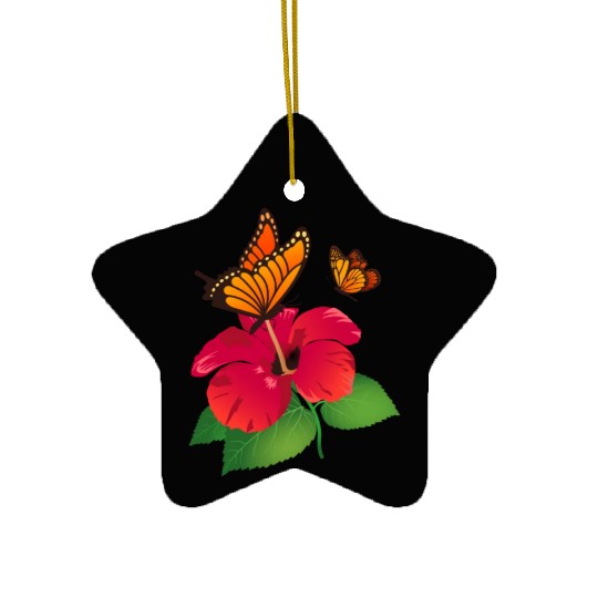 Hibiscus Flower and Monarch Butterfly Nature Ceramic Ornaments