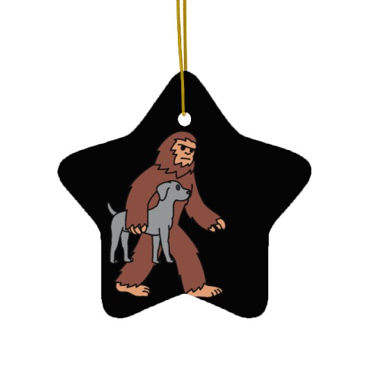 Bigfoot Sasquatch Carrying Weimaraner Ceramic Ornaments