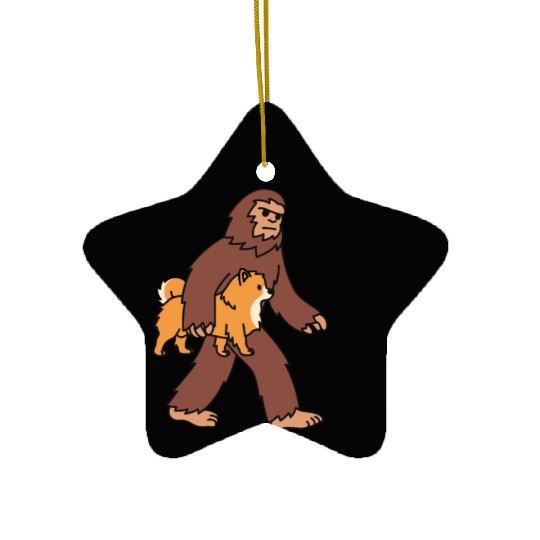 Bigfoot Sasquatch Walking Pomeranian Ceramic Ornaments