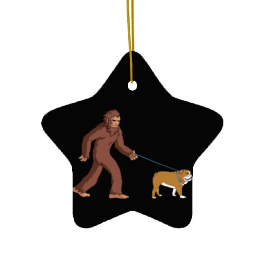 Bigfoot Sasquatch Walking English Bulldog Ceramic Ornaments