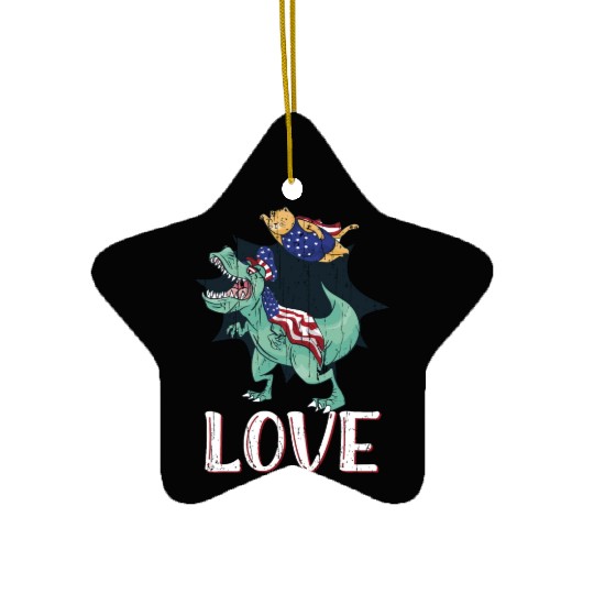 Love America Cat Dinosaur USA Flag 4th Of July Ceramic Ornaments