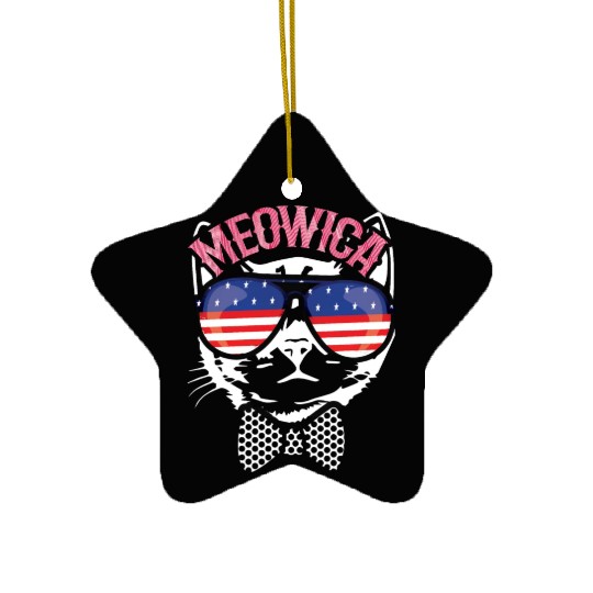 Meow Cat America American Flag 4th Of July Ceramic Ornaments